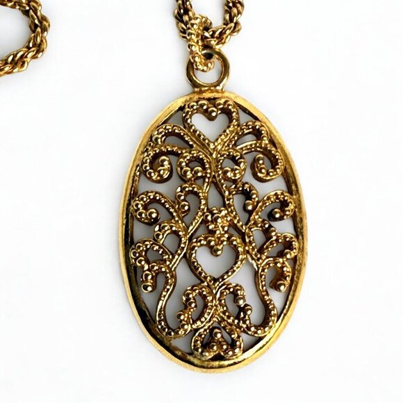 Vintage 1928 Goldtone Filigree Tassel Pendant Necklace 32” - Picture 4 of 9